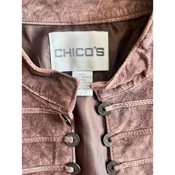 Chicos Sz 2 (12) Brown Suede Leather Jacket Blazer Asian Coin Style Women’s Coat - Picture 6 of 10